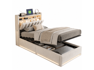 Lit rembourré 90 x 200 cm avec rangement, lit double avec éclairage led et port usb, lit hydraulique avec tête de lit et sommier à lattes, lit pour adolescent, velours, beige