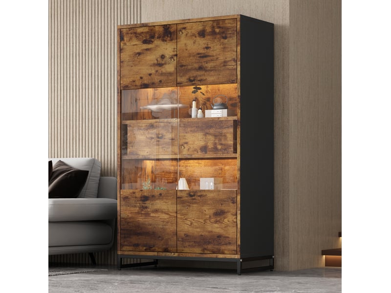 Vitrine led 80x40x138 cm noire et décor bois foncé avec 2 tiroirs  - Conforama B
