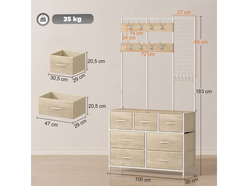  Meuble d'entrée 4 en 1 style industriel multi-rangement métal blanc effet bois clair  - Conforama C