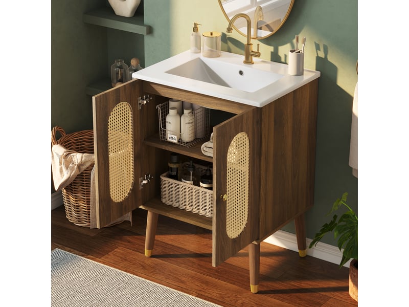 Meuble salle de bain 61 cm sur pied avec lavabo céramique, portes en rotin, effet noyer, style bohème - Conforama W