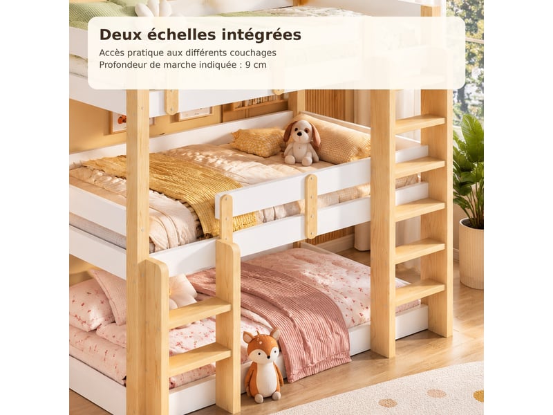  Lit superposé triple 90x190 cm blanc, 3 couchages en pin et mdf, avec échelle intégrée et garde-corps  - Conforama D