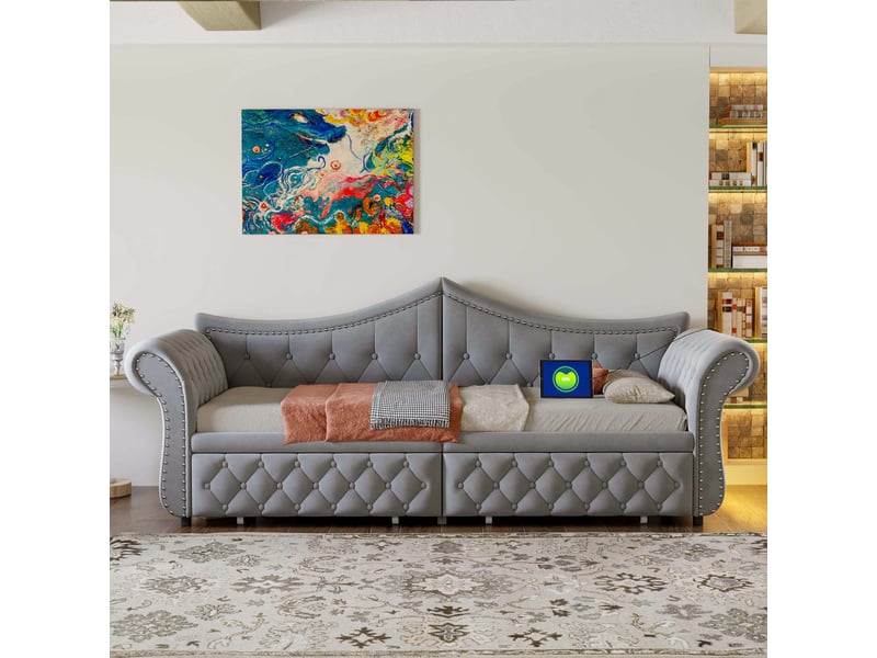  Lit banquette rembourré 90x200 cm gris led velours  - Conforama B