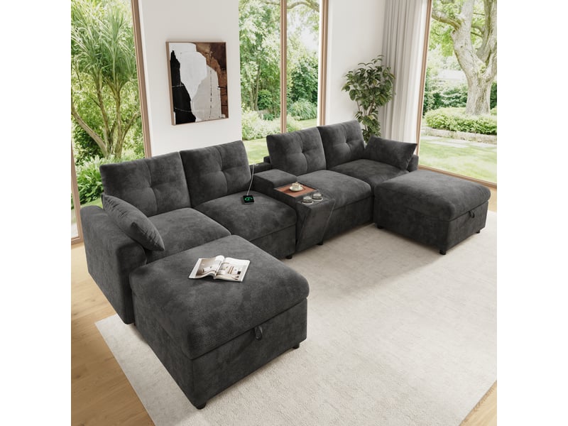  Canapé d'angle panoramique fixe 6 places tissu gris  - Conforama E