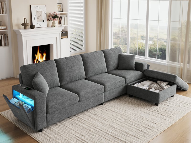Canapé d'angle modulaire 4 places, avec pouf coffre amovible, accoudoir rangement, led, usb-c, flexible, 282x153x82cm, gris - Conforama B
