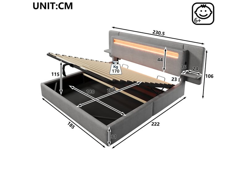 Lit coffre 180x200 cm en tissu lin avec rangement hydraulique, tête de lit led, table de chevet intégrée et port usb - gris - Conforama C