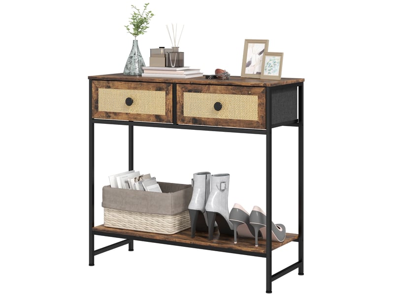  Console en rotin avec étagère ouverte et 2 tiroirs frontaux, 80 x 30 x 75 cm, couleur marron rustique  - Conforama B