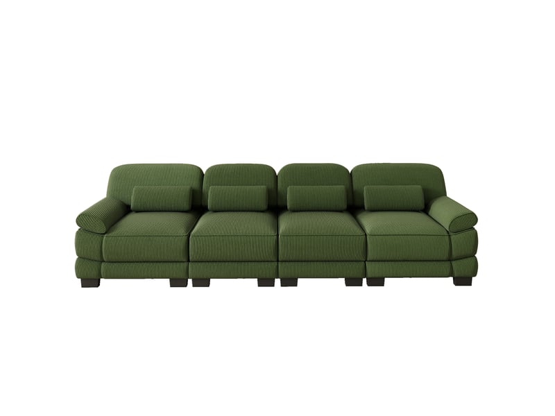  Canapé modulaire 4 places 336x88,5x94 cm, coussins lombaire,s connecteurs, structure stable, velours côtelé vert  - Conforama A