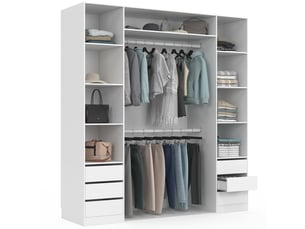 Dressing double taylor 185 x 55 x 200 cm avec étagères + double penderie + tiroirs blanc