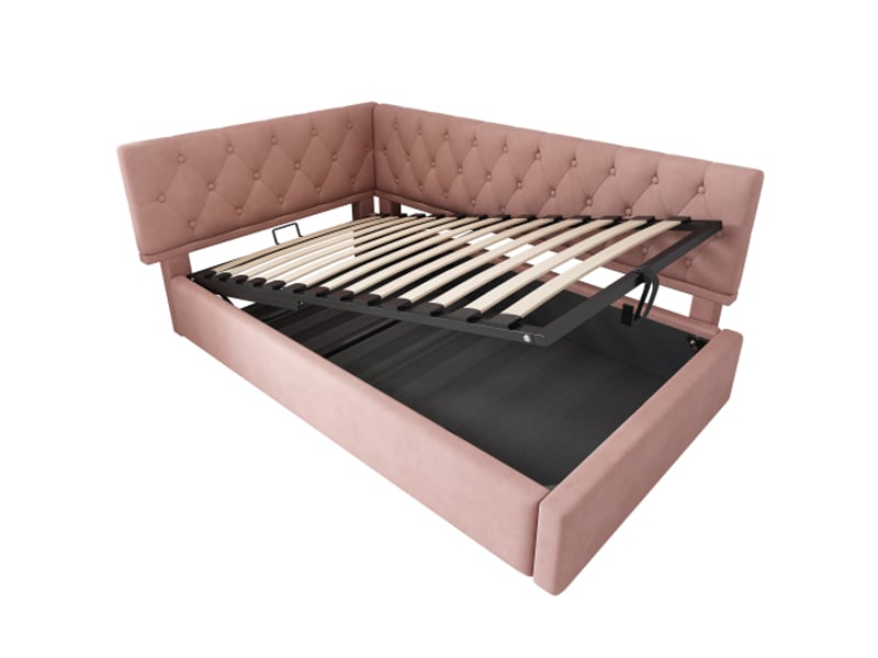  Lit enfant 90x190 cm, canapé avec rangement hydraulique, cadre de lit avec sommier à lattes en bois, sans matelas, velours, rose  - Conforama E