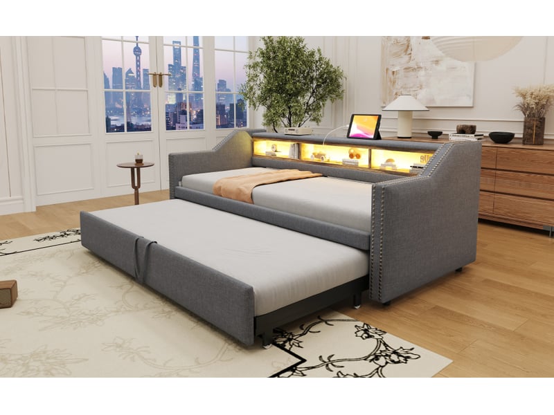 Lit convertible en toile de jute gris foncé 90180 x 190 cm - Conforama E