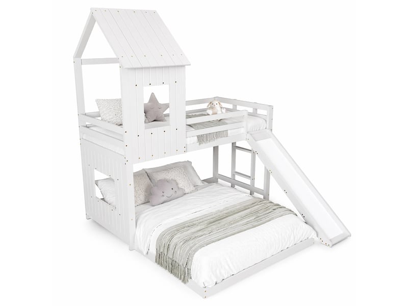  Lit superposé enfant cabane avec toboggan blanc 90x200 et 140x200 cm  - Conforama A