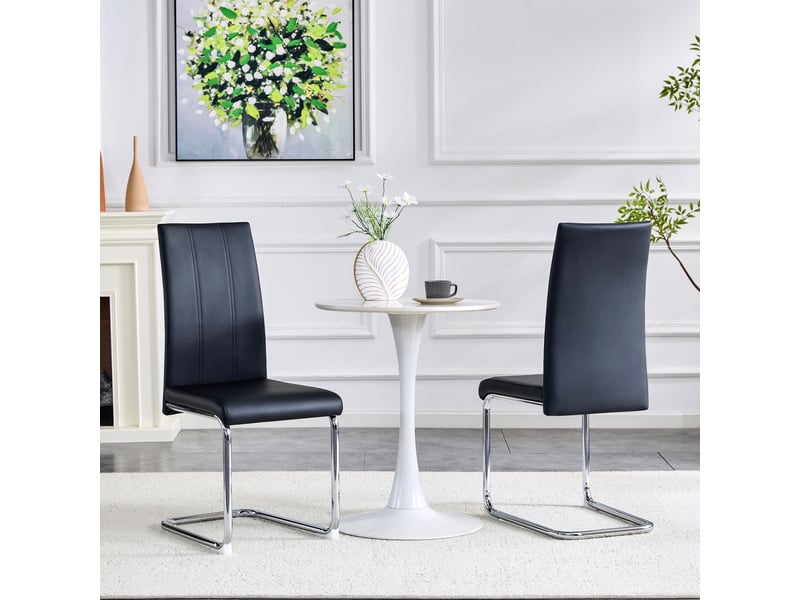  Lot de 2 chaises de salle à manger 41.5x42.5x99cm – chaises cantilever modernes à dossier haut avec métal argenté chromé – simili cuir - noir  - Conforama E