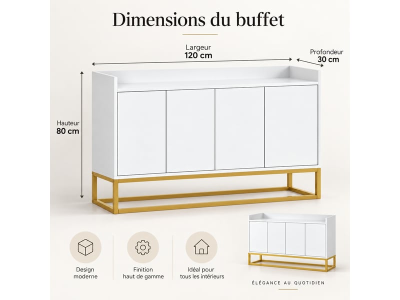 Buffet meuble de rangement 4 portes et étagère réglable, moderne, 120 x 30 x 80 cm blanc  - Conforama C