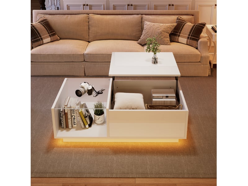  Table basse relevable 100x50x33 cm avec rangement et led, blanc brillant  - Conforama B