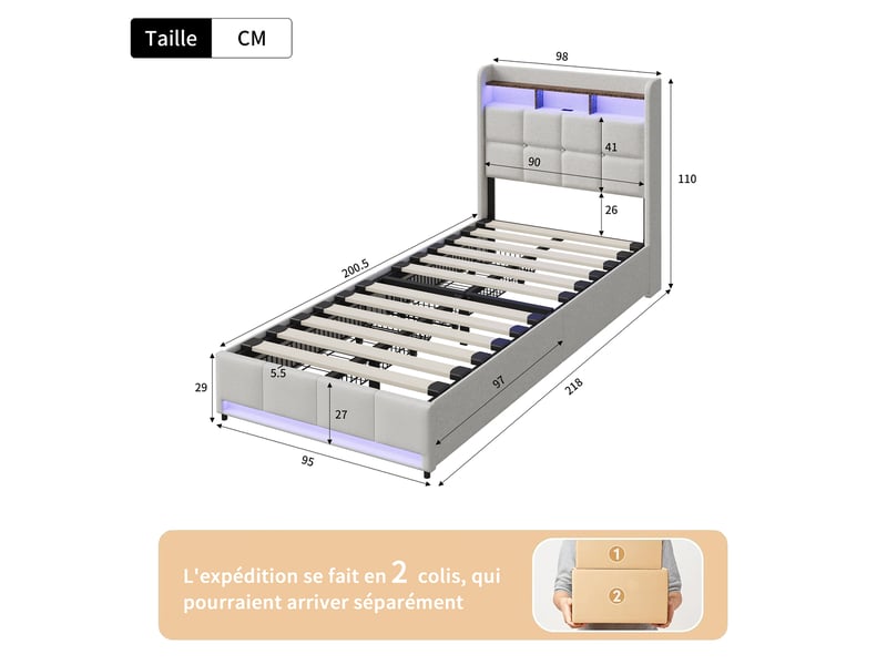  Lit simple coffre 90x200, rangement chevet, 2 tiroirs, éclairage led réglable, ports usb type-c, tissu en lin beige  - Conforama C