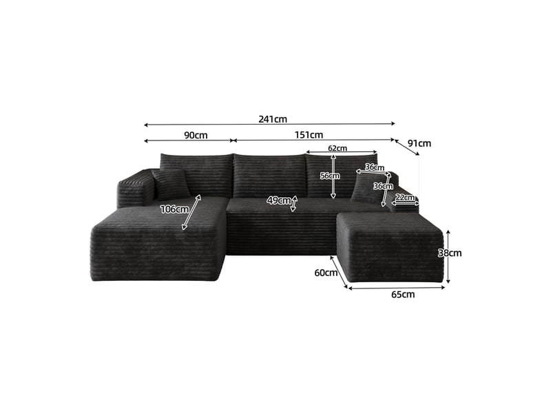 Canapé d’angle noir 4 places, canapé en l de 241 cm en tissu côtelé, assise profonde et confort moelleux pour le salon - Conforama B