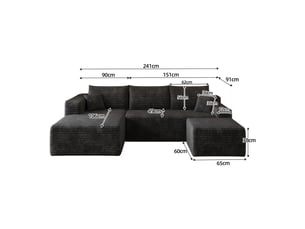 Canapé d’angle noir 4 places, canapé en l de 241 cm en tissu côtelé, assise profonde et confort moelleux pour le salon