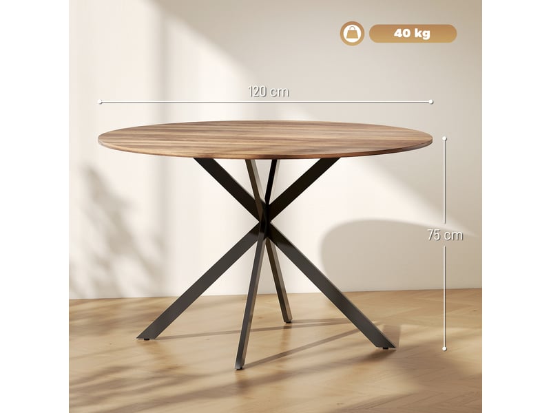  Table à manger ronde pour 4 personnes 120 cm style industriel avec plateau aspect bois, piètement croisé en acier, marron  - Conforama E