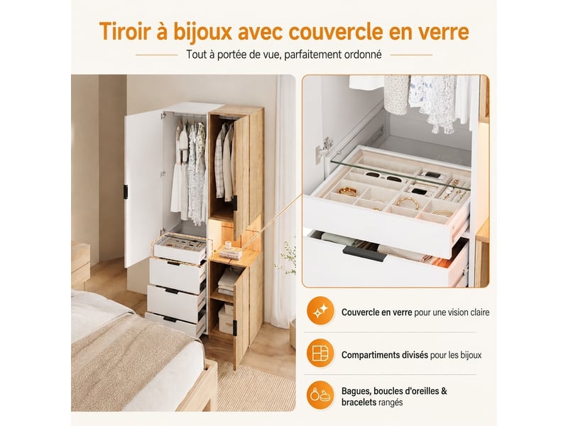 Vestiaire d'entrée avec miroir et led, armoire penderie 200 cm, 4 tiroirs, chêne anthracite - Conforama E