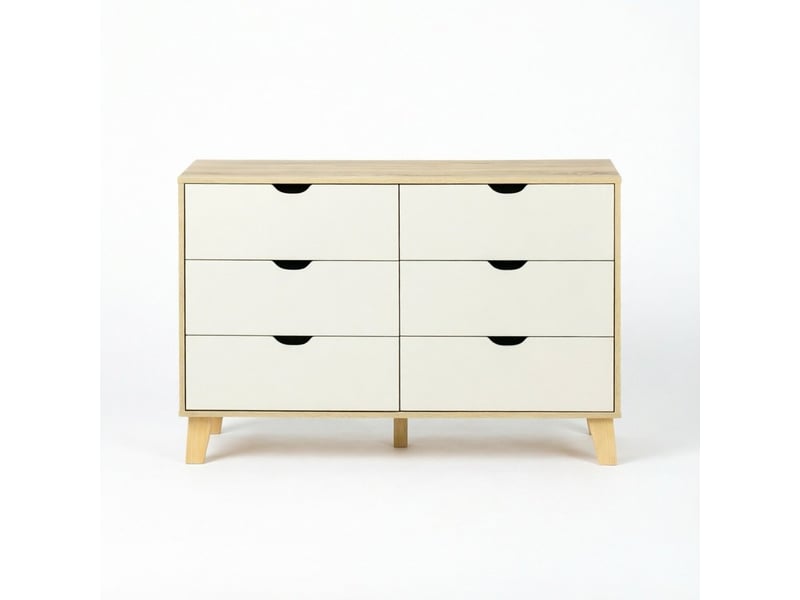  Commode à 6 tiroirs, 120 x 40 x 76 cm, poignées découpées et pieds en pin, blanc et effet chêne  - Conforama A