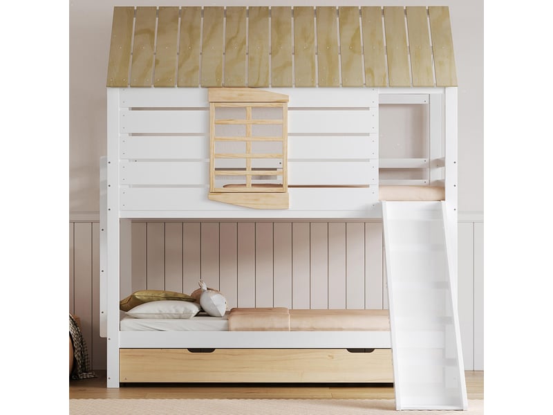 Lit superposé 90x200 avec toboggan et lit gigogne intégré blanc naturel  - Conforama E