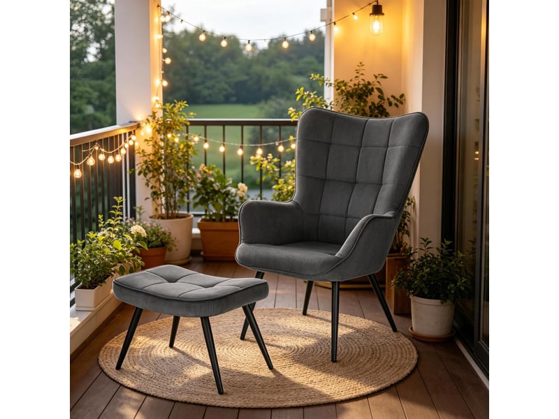  Fauteuil de salon avec repose-pieds 50x49x97cm – lounge chair relax avec dossier haut et pieds en métal – velours côtelé - anthracite  - Conforama E