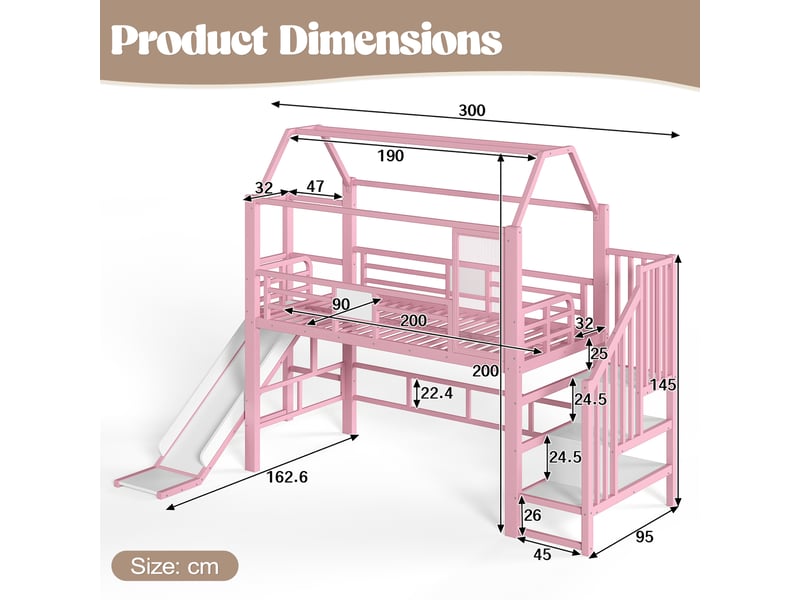  Lit mezzanine 90 × 200 cm avec toboggan, escalier à rangements, led, penderie, en métal rose pour chambre d'enfant  - Conforama C