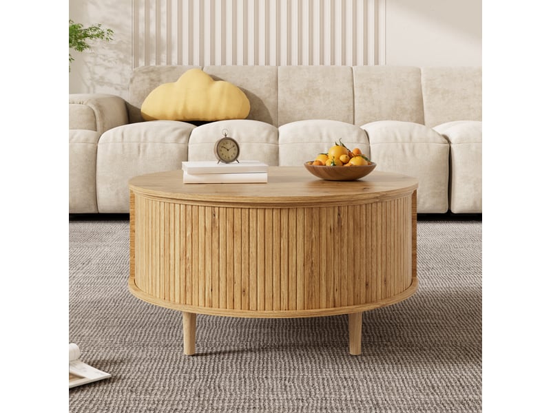 Table basse ronde relevable avec rangement et porte coulissante, mdf décor chêne - Conforama B
