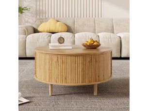 Table basse ronde relevable avec rangement et porte coulissante, mdf décor chêne