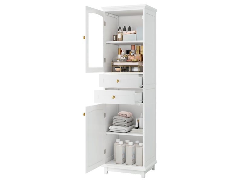  Armoire de salle de bains 45x36x160 cm blanche avec porte vitrée et 2 tiroirs  - Conforama A