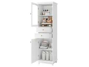 Armoire de salle de bains 45x36x160 cm blanche avec porte vitrée et 2 tiroirs