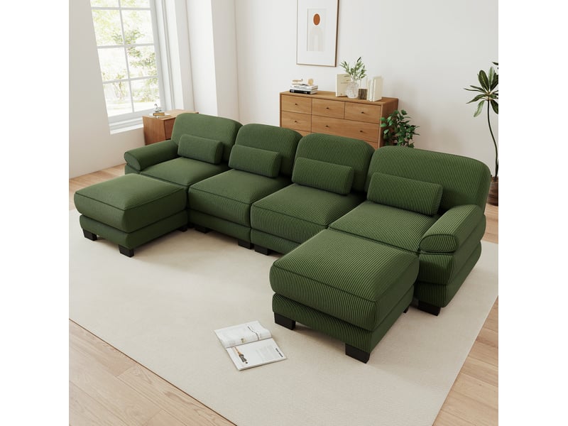  Canapé modulable en u modenvie 4 places avec 2 poufs, velours côtelé vert, 336 x 161 x 94 cm  - Conforama B