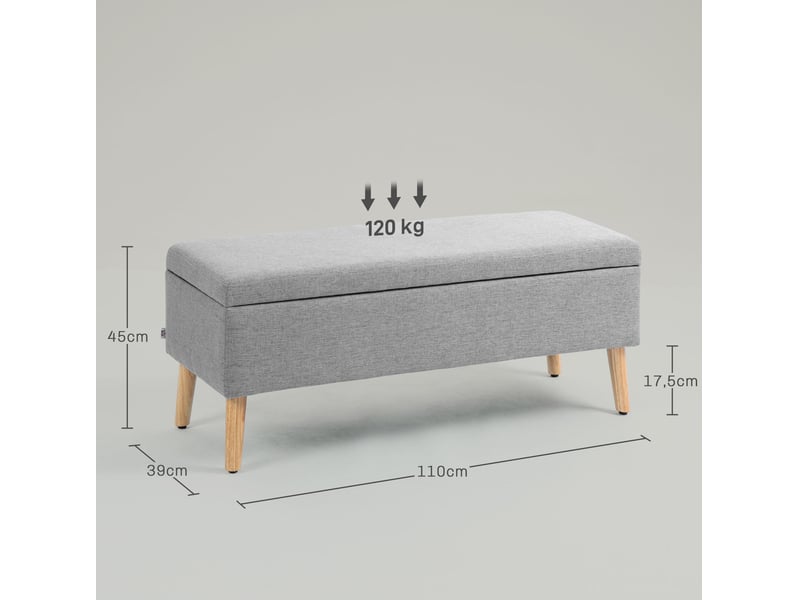  Banc coffre 110x39x45 cm, banc de lit moderne, pieds en bois, assise rectangle, meuble chambre, polyester, gris clair  - Conforama C