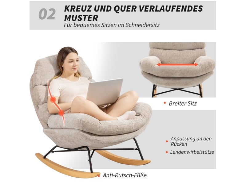 Fauteuil à bascule rembourré en polyester avec base en acier et patins en bois, beige - Conforama E