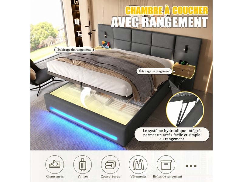  Lit coffre 160 x 200 cm en velours gris foncé, ouverture hydraulique, tiroirs, led et usb-c  - Conforama E
