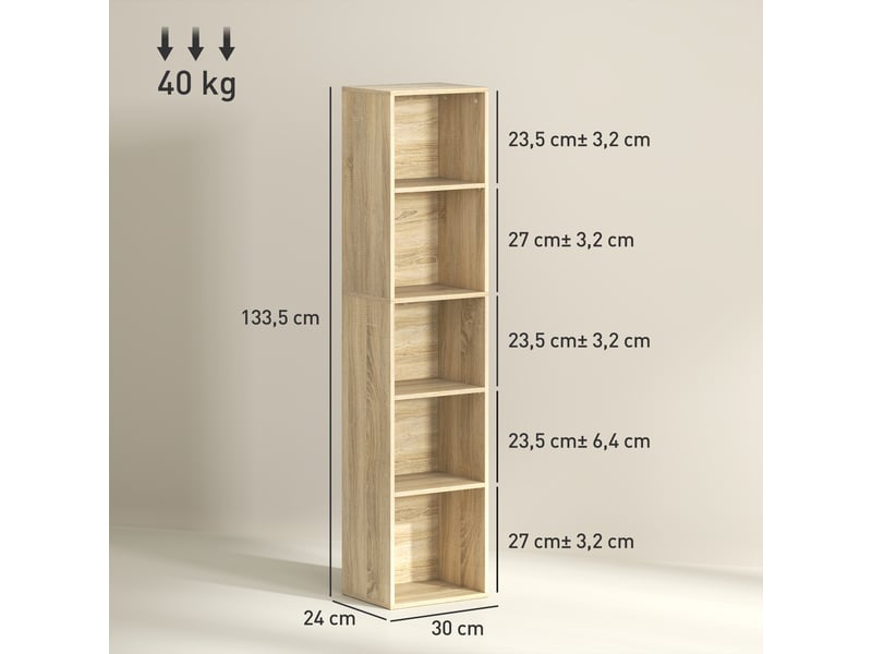 Bibliothèque étagère de rangement 5 niveaux avec étagères réglables pour salon, chambre, bureau, 30x24x133,5cm, naturel  - Conforama E
