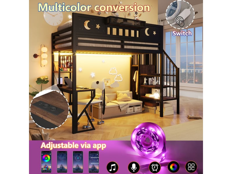  Lit enfant 90 x 200 cm cadre en fer panneau perforé plusieurs étagères bureau intégré prise usb garde-corps de sécurité éclairage led pieds en k finition noire  - Conforama E