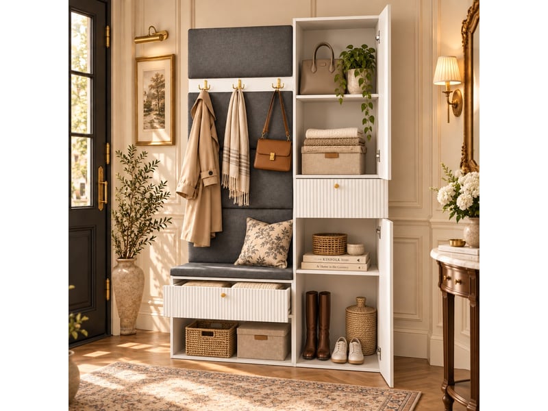  Meuble à chaussures avec banc 110x38x179,5 cm, patères, tiroirs, rangement fermé, assise rembourrée, façades rainurées - blanc  - Conforama D