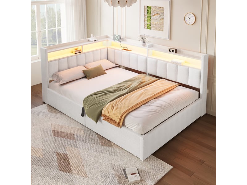  Lit coffre hydraulique 140x200 cm avec led, usb-a et usb-c et tête réversible, velours beige, sans matelas  - Conforama W