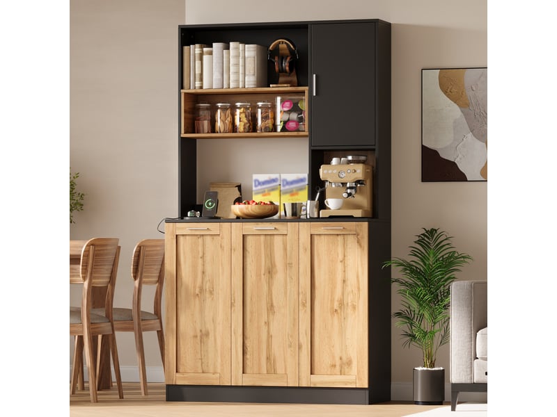  Buffet haut de cuisine 100 x 40 x 180 cm bois et noir, led rgb par application, 2 prises, usb et étagères réglables pour cuisine et salle à manger  - Conforama C