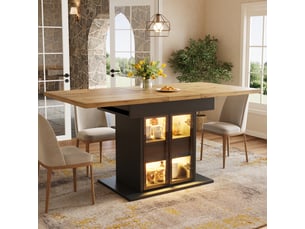 Table à manger extensible 110-140 x 80 cm avec rangement, led rgb via application, 2 tiroirs, portes coulissantes vitrées, structure noire