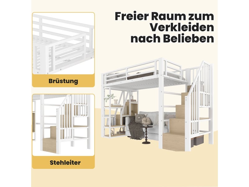  Lit mezzanine 90 x 200 cm cadre en fer éclairage led compartiments rangement marches intégrées barrière de protection blanc  - Conforama E