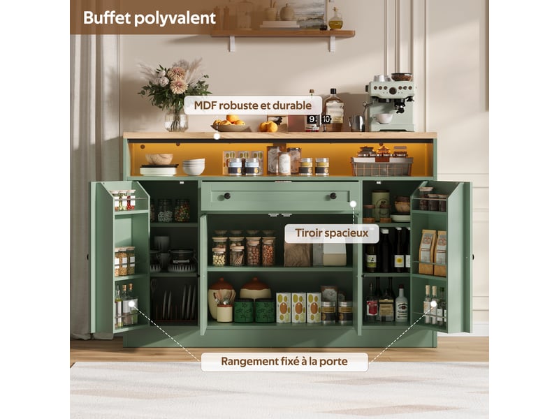  Meuble de cuisine muvano vert, buffet avec quatre portes, tiroir et led rgb, 140 × 35 × 95 cm  - Conforama E