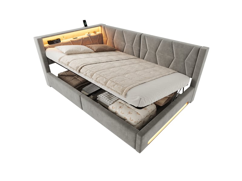  Lit banquette hydraulique 140x200 cm, led, usb-c, lit coffre rembourré, lit simple, éclairage tête et pied, velours, gris Seren Glow - Conforama A