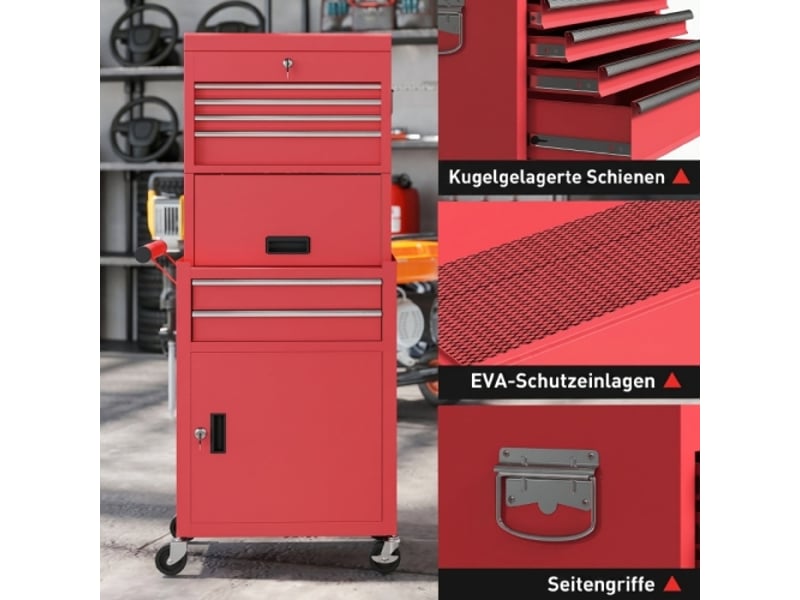 Armoire à outils roulante rouge en acier avec 6 tiroirs et 2 portes, meuble de rangement verrouillable pour atelier - Conforama B