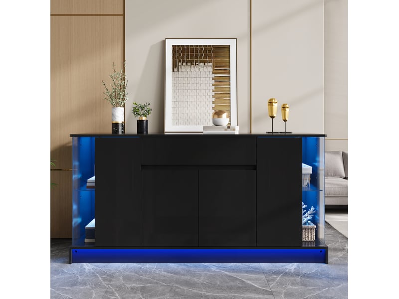  Buffet bas 150x40x75 cm avec 4 portes et 1 tiroir, éclairage led, panneau de particules, coloris noir, design moderne  - Conforama B
