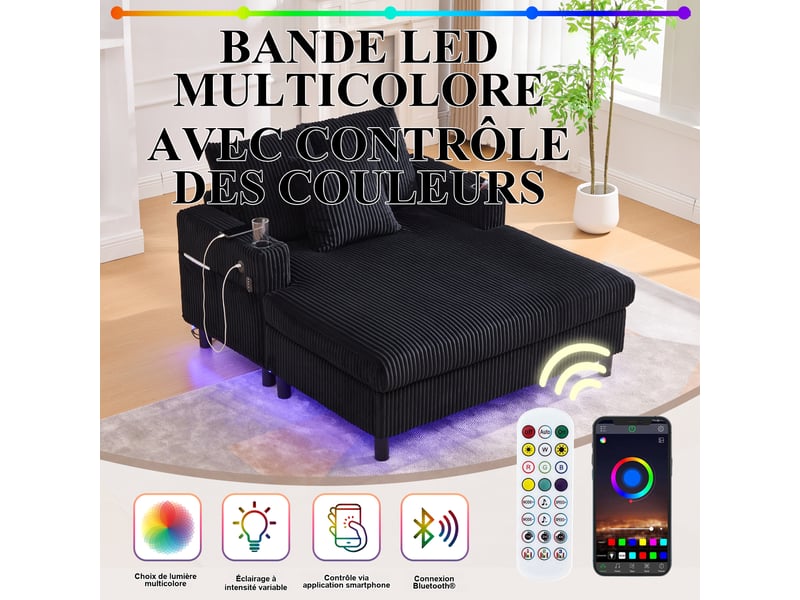 Fauteuil relax fixe noir en velours côtelé 142 x 128 x 85 cm, usb, led multicolore et porte-gobelets, salon chambre 142x128x85cm - Conforama E