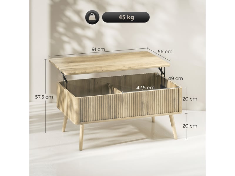  Table basse relevable, table de salon avec 2 compartiments cachés et pieds en pin, chêne, 91 x 56 x 43 cm  - Conforama C