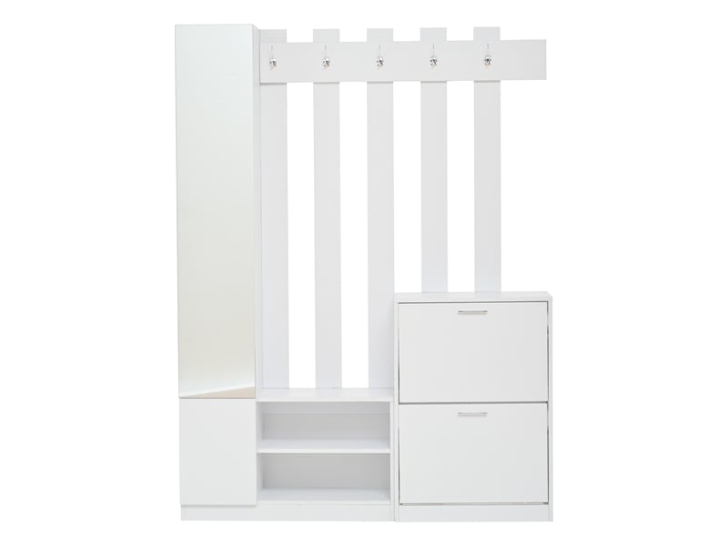  Vestiaire d'entrée compact, meuble d'entrée avec meuble à chaussures et miroir de couloir, portemanteau mural gain de place 135x25x180cm, blanc  - Conforama A