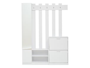 Vestiaire d'entrée compact, meuble d'entrée avec meuble à chaussures et miroir de couloir, portemanteau mural gain de place 135x25x180cm, blanc